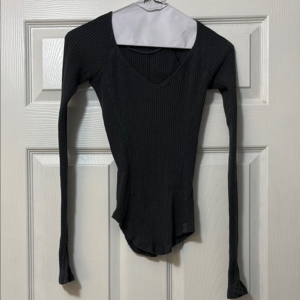 We The Free Black Ribbed V-Neck Bodysuit